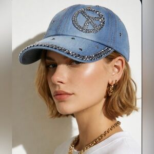 Peace Beaded Studded Logo Denim Hat Cap Adjustable Strap Baseball Used